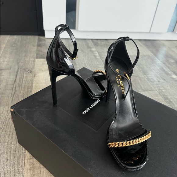 Saint Laurent Black Heels with Gold Chain Accent - Picture 1 of 3